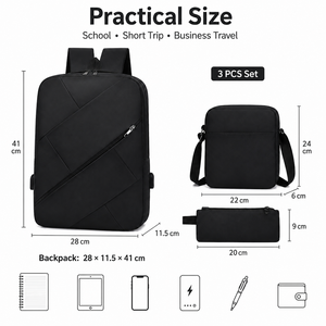 Sac à dos pour <span class=keywords><strong>ordinateur</strong></span> <span class=keywords><strong>portable</strong></span> 3 pièces en tissu Oxford géométrique, léger, imperméable, grande capacité, avec logo personnalisé, pour étudiants, décontracté, avec port USB - Product Image 3