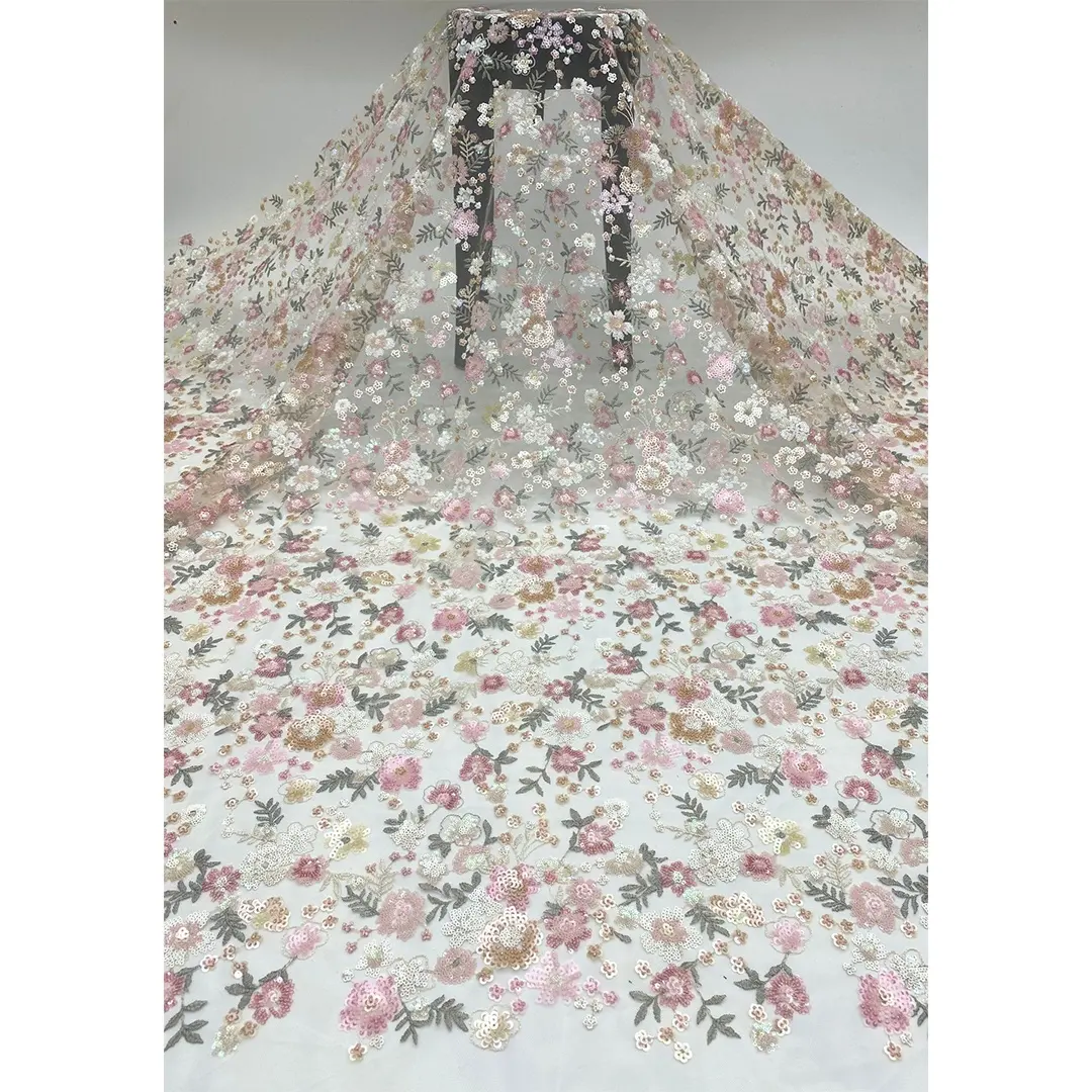 2024 Mới Nhất Đến Thêu 3D Sequin Hoa Wedding Dress Ren Vải Đẹp Chuỗi Cô Dâu Buổi Tối Ăn Mặc Ren Vải