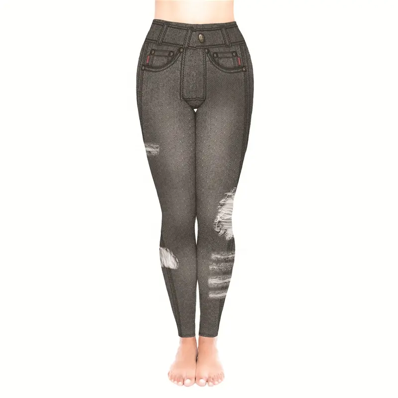 2022 New Hot Selling Custom GRAY JEANS RIPPED Print Super Soft 92% Polyester 8% Spandex Women Tights Leggings