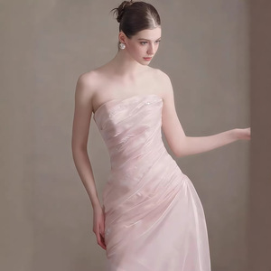 Pink Strapless Wedding Dress Natural Waistline Simple Solid Color Bridal Gown For Coming Of Age Ceremony - Product Image 4