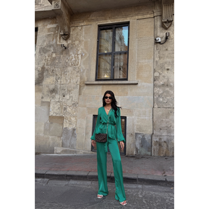Ensemble pantalon et chemisier en satin vert pour femme, style club, haut court à nouer, tailles XS à XL, motif uni pour l'automne - Product Image 2