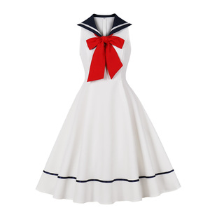 Abito da <span class=keywords><strong>Donna</strong></span> Blu <span class=keywords><strong>Navy</strong></span> Senza Maniche con Colletto alla Marinara e Fiocco Rosso, <span class=keywords><strong>Stile</strong></span> Vintage, Vestito Midi con Nastro a Contrasto per Primavera Estate - Product Image 2