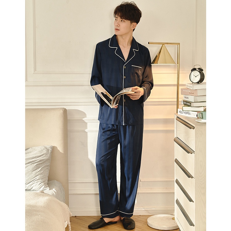 Пижама с длинными рукавами и карманами, с отложным воротником, жаккардовые Мужские пижамные штаны