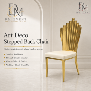 Chaise de mariage Art Déco à dossier éventail en acier inoxydable doré avec coussin blanc pour événements de mariage et banquets - Sièges pour événements - Product Image 1
