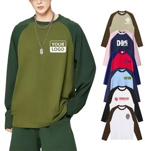 Wholesale Customized Two Color Splicing Blank High Quality Long Sleeve Unisex Trendy 100% Cotton T-shirt - Product Image 1