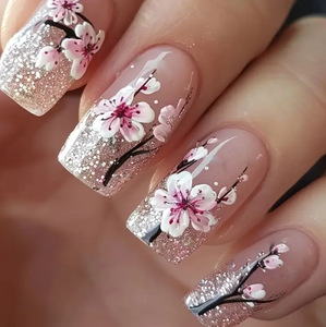 <span class=keywords><strong>Ongles</strong></span> pressés floraux brillants printemps-été, <span class=keywords><strong>faux</strong></span> <span class=keywords><strong>ongles</strong></span> de longueur moyenne à courte, style chinois avec paillettes de fleurs de pêcher, art des <span class=keywords><strong>ongles</strong></span> réutilisable - Product Image 1
