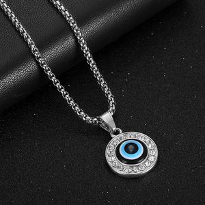 Collier pendentif œil porte-bonheur en acier inoxydable, breloque ronde sertie, bijou cadeau - Product Image 3