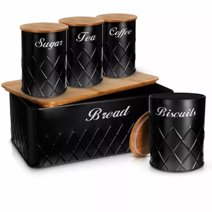 Metal Bread <strong>Bin</strong> 5pcs Black <strong>Red</strong> Kitchen Storage Canister Set Bamboo Lid Tea Coffee Sugar Canister - Product Image 2