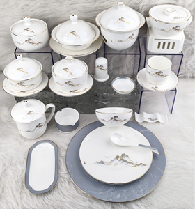 Juego de vajilla con decoración de río y montaña, borde dorado a mano, vajilla de lujo para hotel, banquete de boda, restaurante, porcelana china - Product Image 1