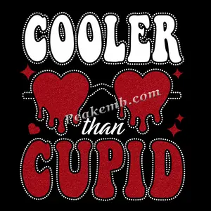 Wholesale Printing Cooler Than Cupid Heat Transfer Iron on Red Heart Valentine's Day Rhinestone Transfer for Long Sleeve