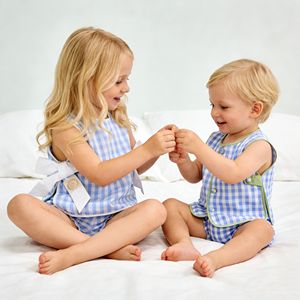 Ensemble de culotte à nœud latéral pour bébé fille, motif gingham <span class=keywords><strong>bleu</strong></span> tissé, tenue d'été sans manches pour petite fille, ensemble de couches brodé avec tablier - Product Image 1