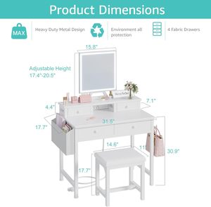 Coiffeuse blanche rustique avec miroir LED et éclairage intégré pour chambre de fille, idéale pour petits espaces - Product Image 3