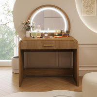 Coiffeuse moderne en bois avec miroir semi-circulaire éclairé par LED et tiroir pour station de maquillage de chambre