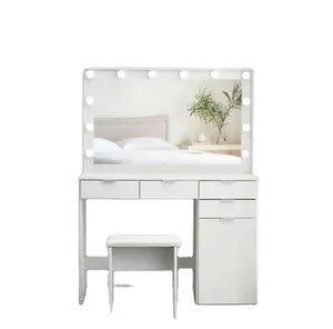 KD Dressing Table With Lights Around Mirror Wood Beauty Glass Top Dressing Table With Drawers and Light Bulbs