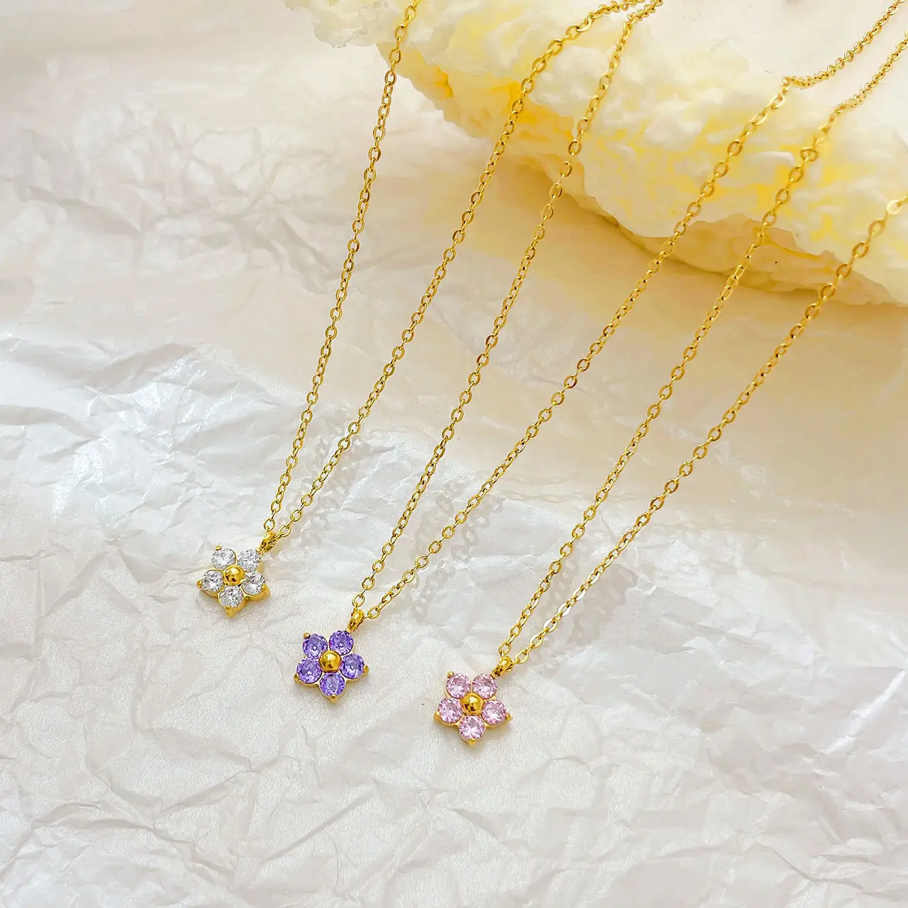 Charm necklace stainless steel pink statement zircon flower necklaces best friends girls necklace