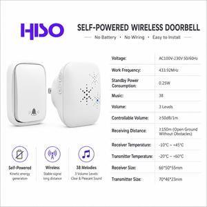 No Battery Push Button 433.92MHz 150m Long Range 0.25W Standby <strong>UK</strong> US EU Standard Plug Wall Mount Door Chime Wireless Doorbell - Product Image 4
