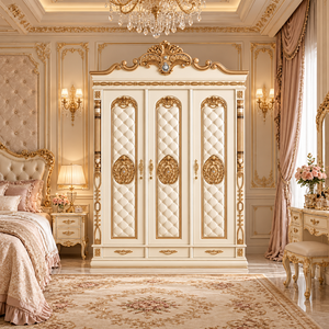 Armario Europeo de Lujo de Tres Puertas con Paneles Tapizados y Detalles Tallados en Dorado para un Elegante Almacenamiento en el Dormitorio - Product Image 2