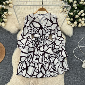 Otoño estilo <span class=keywords><strong>americano</strong></span> cuello en V túnica Casual Midi vestido para mujer manga farol <span class=keywords><strong>imperio</strong></span> impreso vestido de encaje con volantes - Product Image 3