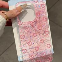 Nouvelle coque de téléphone rose transparente scintillante avec motif cœur pour iPhone 14 15 16 17 Pro Max, coque arrière brillante