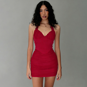 Vestido Moderno Mini con Escote en V y Silueta Lápiz, Cintura Natural, Lazo Largo, Sin Espalda, Volantes, Rojo, Transpirable, Ecológico, de Punto para Noche - Product Image 1