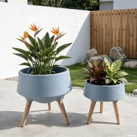 Pot Tanaman dari Serat Marmer dengan Dudukan Tripod Kayu, Pot Sukulen untuk Meja, Dekorasi Rumah Modern Minimalis