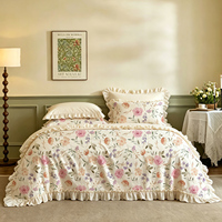 Parure de lit Rose Victorienne 100% Coton Rose Poudré Grande Housse de Couette Florale avec Volants Extra Larges Linge de Lit Vintage