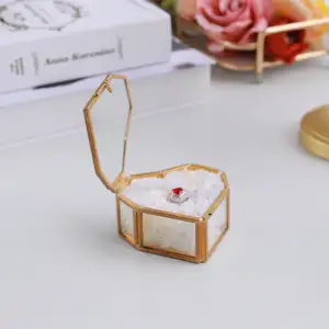 Love Metal Glass Ring Box Wedding Ring Box Small Jewelry Box Gold Gift Ring Trinket Display