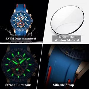 Montre de luxe pour homme avec bracelet en silicone bleu, étanche, chronographe sport, mouvement à quartz, modèle 686 - Product Image 4