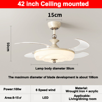 Ventilateur de plafond LED pliable invisible nordique de 42 pouces à 4 pales avec télécommande, moteur CC, 6 vitesses, intensité variable