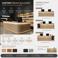 Comptoir de réception en bois E1 en forme de L avec coins arrondis et éclairage LED chaud, OEM ODM, comptoir de caisse personnalisé pour salon de beauté
