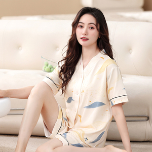 Conjunto de Pijama de Manga Corta para Mujer LONGD, Elegante, Tejido CVC, Suave, Transpirable, Cintura Elástica, Holgado, Informal, para Usar Toda la Noche - Product Image 5