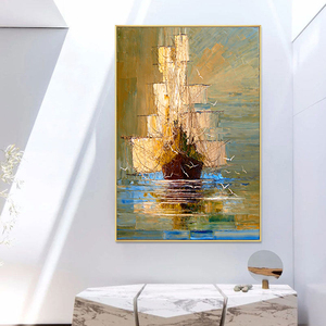 Hiện đại trừu tượng vải nghệ thuật thuyền trong màu xanh lá cây biển thuyền buồm sơn dầu cho hành lang - Product Image 3