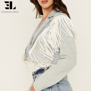 Джинсовая куртка-бомбер LARSUR на заказ с замшевыми бахромами и эффектом потертости, укороченная, для мотогонок, женская - Product Image 5