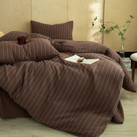Parure de lit rayée 100 % coton OEKO-TEX, housse de couette marron, drap, taies d'oreiller, douce et respirante, ensemble 4 pièces, vente en gros pour la maison
