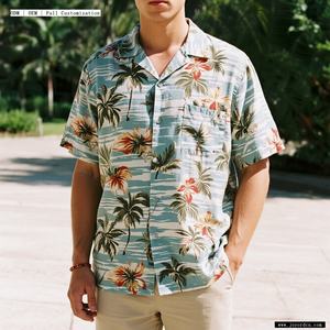 卸売カスタムロゴデザイン90％ポリエステル10％スパンデックスメンズカジュアルシャツビーチウェアボタンアップリゾートビーチハワイアンシャツメンズ - Product Image 3
