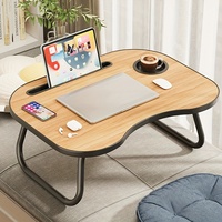 Table de lit pliante portable-Bureau d'ordinateur compact en panneaux de fibres de bois recyclées, conception légère et robuste avec porte-gobelet intégré