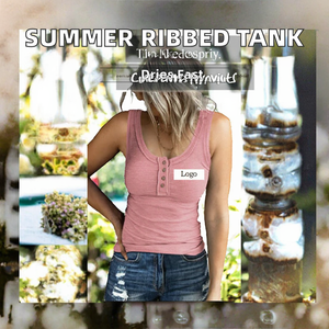 เสื้อกล้ามทรงเข้ารูปสำหรับผู้หญิง สไตล์ลำลองสำหรับฤดูร้อน ผ้าถักระบายอากาศดี ติดกระดุมแบบเฮนรี่ ความยาวสั้น - Product Image 3