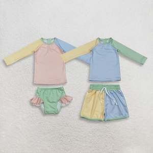 Ensemble de maillots de bain pour bébés filles, écologiques, en spandex/polyester, manches courtes, jaune, bleu aqua, rose, patchwork - Product Image 1