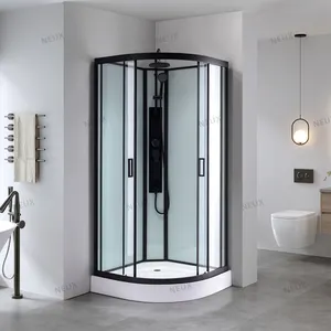 Salle de bains Hôtel Installation facile Noir 5mm Verre trempé Coin Cabine de douche Porte coulissante Secteur Salle de douche avec plateau