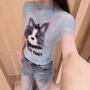 PY 2026 Summer New Arrival Elegant Sheer Crop <b>Top</b> Fashion Print Casual <b>Mock</b> <b>Neck</b> Short Sleeve Cropped <b>Top</b> Online Wholesale Shop - Product Image 1