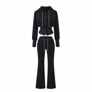 Conjunto Casual de Verano para Mujer de Dos Piezas con Sudadera con Cintura Ajustada y Pantalones Acampanados con Puños Acanalados de Poliéster Transpirable - Product Image 2