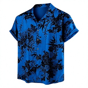 Chemise décontractée pour homme en coton/polyester bleu et noir, col rabattu, manches courtes, respirante, écologique, printemps, plage - Product Image 5