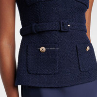 Vente en gros de vêtements haut de gamme de qualité d'usine OEM/ODM ensembles de carrière de boutiques de luxe robe mi-longue en satin gilet en tweed avec ceinture pour femmes