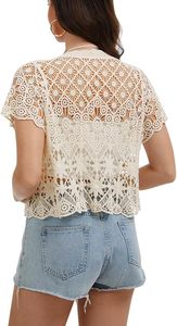 Boléro à manches courtes pour <span class=keywords><strong>femme</strong></span>, en dentelle crochetée, cardigan ouvert avec doublure en laine mohair - Product Image 5