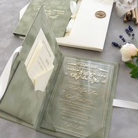 Cartes d'invitation classiques en acrylique vert sauge pour anniversaire et mariage, avec pochette, enveloppe, dossier, dorure à chaud, couverture rigide, vintage, personnalisées Sancho