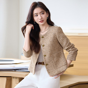 Women's Tweed Blazer Short Jacket With Buttons Spring Autumn Style Casual Elegant Petite Fit Worsted Fabric GDX1686 - Product Image 3