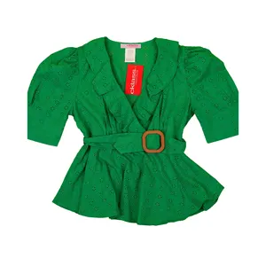 Хорошее качество, 100% хлопчатобумажная ткань, зеленая женская блузка, кружевной топ, Женская офисная блузка с Emb