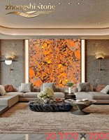 Dalle de quartzite de luxe en cristal orange flamme, pierre naturelle rétroéclairée pour mur d'accentuation de salon
