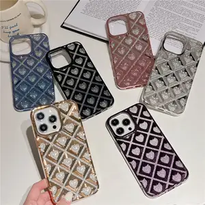 Bling Love Heart Grid Electroplated Phone Case for iPhone 14 13 12 Pro Max 11 Glitter Plating Shockproof Soft Cover