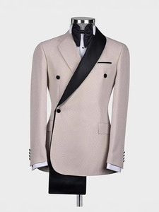 Smoking Croisé Coupe Ajustée Ivoire et <span class=keywords><strong>Noir</strong></span> Patchwork pour Hommes, Costumes de Mariage de Haute Qualité pour Hommes, Ensemble 2 Pièces - Product Image 4